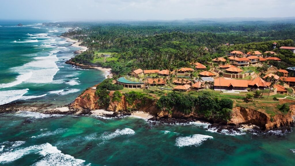 Aerial view of a luxury coastal resort in Sri Lanka, often included in a Sri Lanka and Maldives package UK